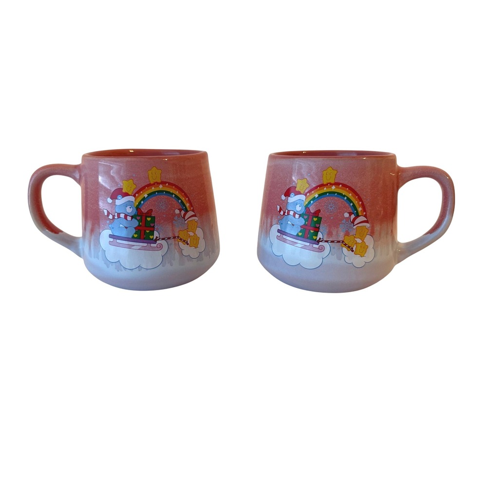 Care Bears‎ Christmas Coffee Mugs Set of 2 Winter Holiday Sledding Rainbow Pink